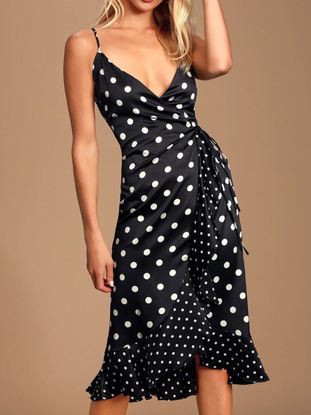 Lulus NWT Size XS Love Dottie Black Polka Dot Satin Wrap Dress